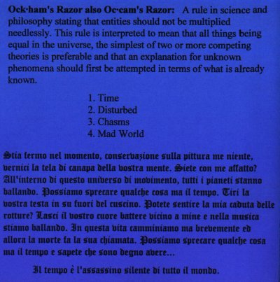 Back cover of the Ockham's Razor debut album showing the printed track listing