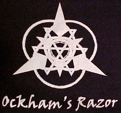 Close-up of the Ockham's Razor logo printed on the front of the t-shirt